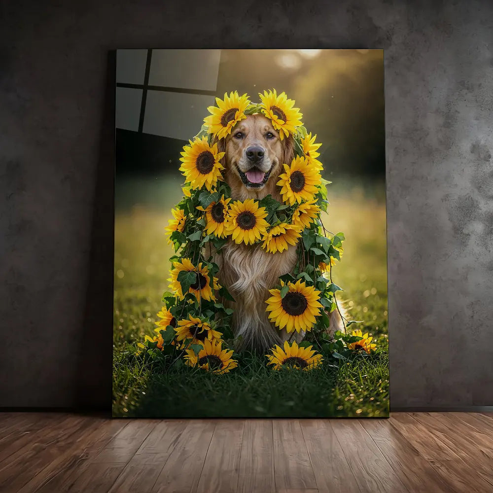 Golden Retriever Sunflowers
