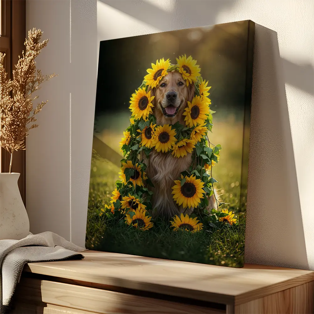 Golden Retriever Sunflowers