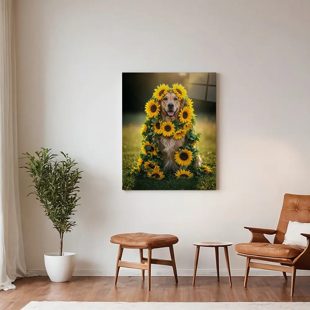 Golden Retriever Sunflowers