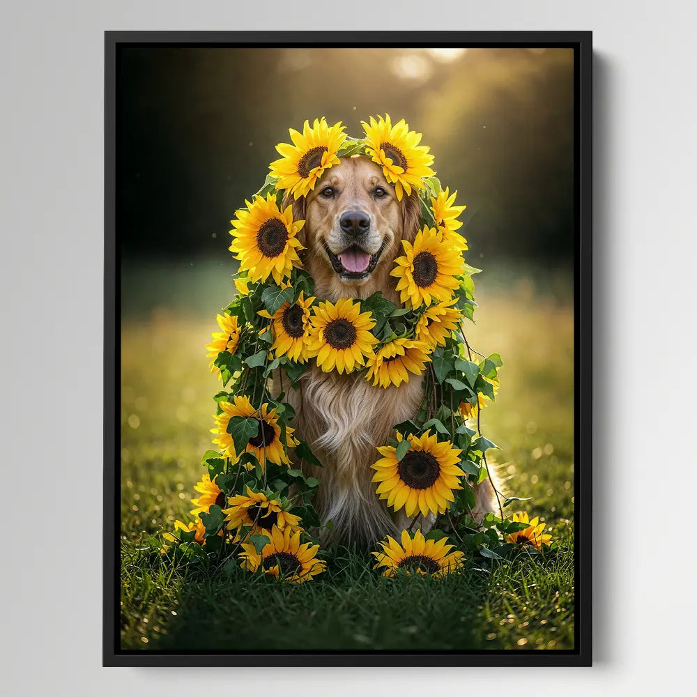 Golden Retriever Sunflowers